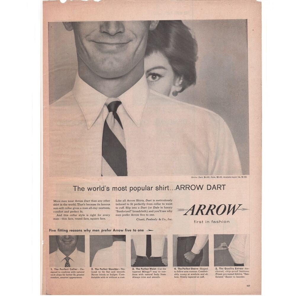 Arrow Dart Mens Dress Shirt Magazine Advertisement 1958 Vintage Fashion Clothing